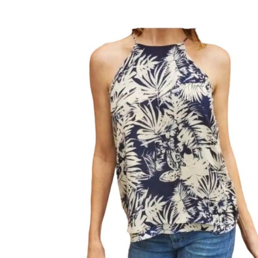 Paper Crane Navy Ivory Palm Leaf Print Tiered Sleeveless Apron Neck Top Size L